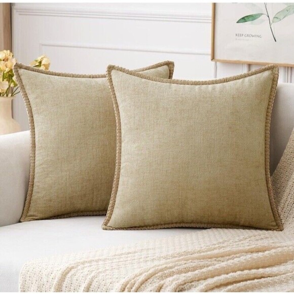 Set Of 2 Chenille Stitched Edge Soft Throw Pillow Covers Beige 18x18in Spring - Picture 1 of 6